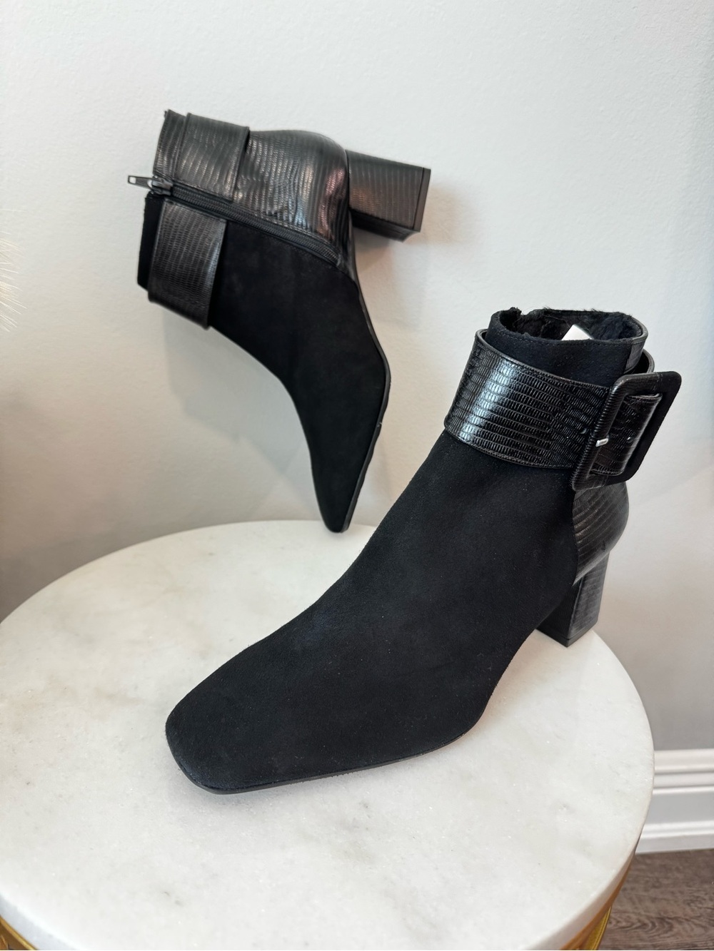 Ron White Women's Black Ankle Booties with Textured Buckle Strap Sz 41